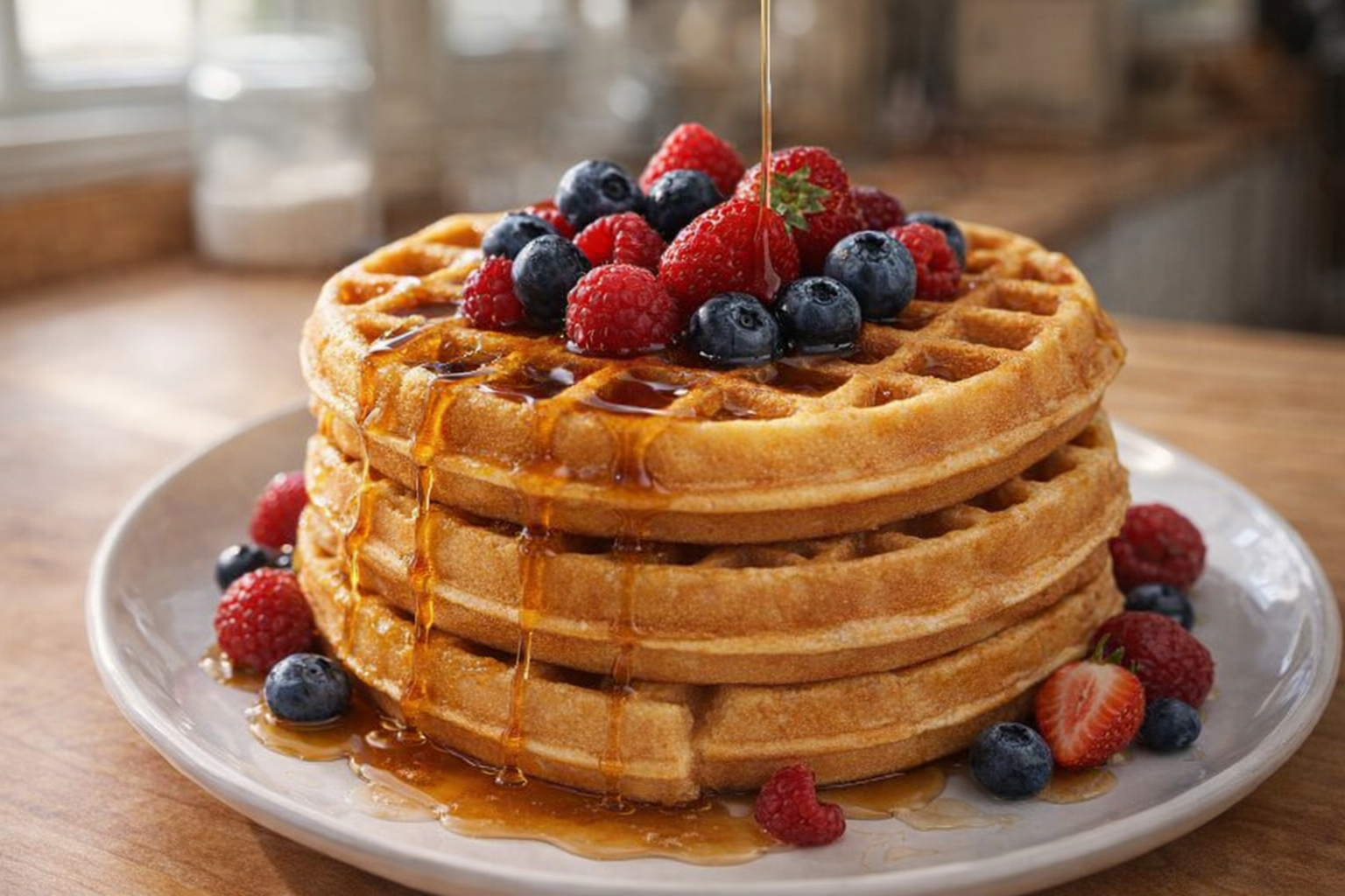 An overhead shot of golden brown waffles stacked on a plate, drizzled with maple syrup and topped with fresh berries, bright natural light